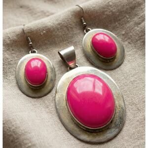 Vintage Mexico 925 Sterling Silver Block Pink Inlay Pendant Earrings Set